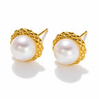 Pauline pearl earrings, 7-8mm white button pearls in honeycomb-textured bezels