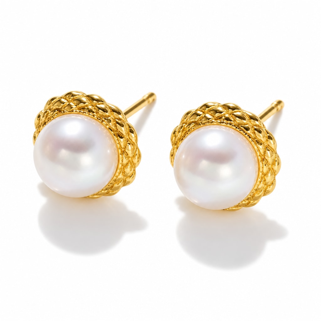 Pauline pearl earrings, 7-8mm white button pearls in honeycomb-textured bezels
