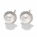Pauline pearl earrings, 7-8mm white button pearls in honeycomb-textured bezels - second finish
