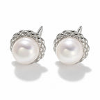 Pauline pearl earrings, 7-8mm white button pearls in honeycomb-textured bezels - second finish