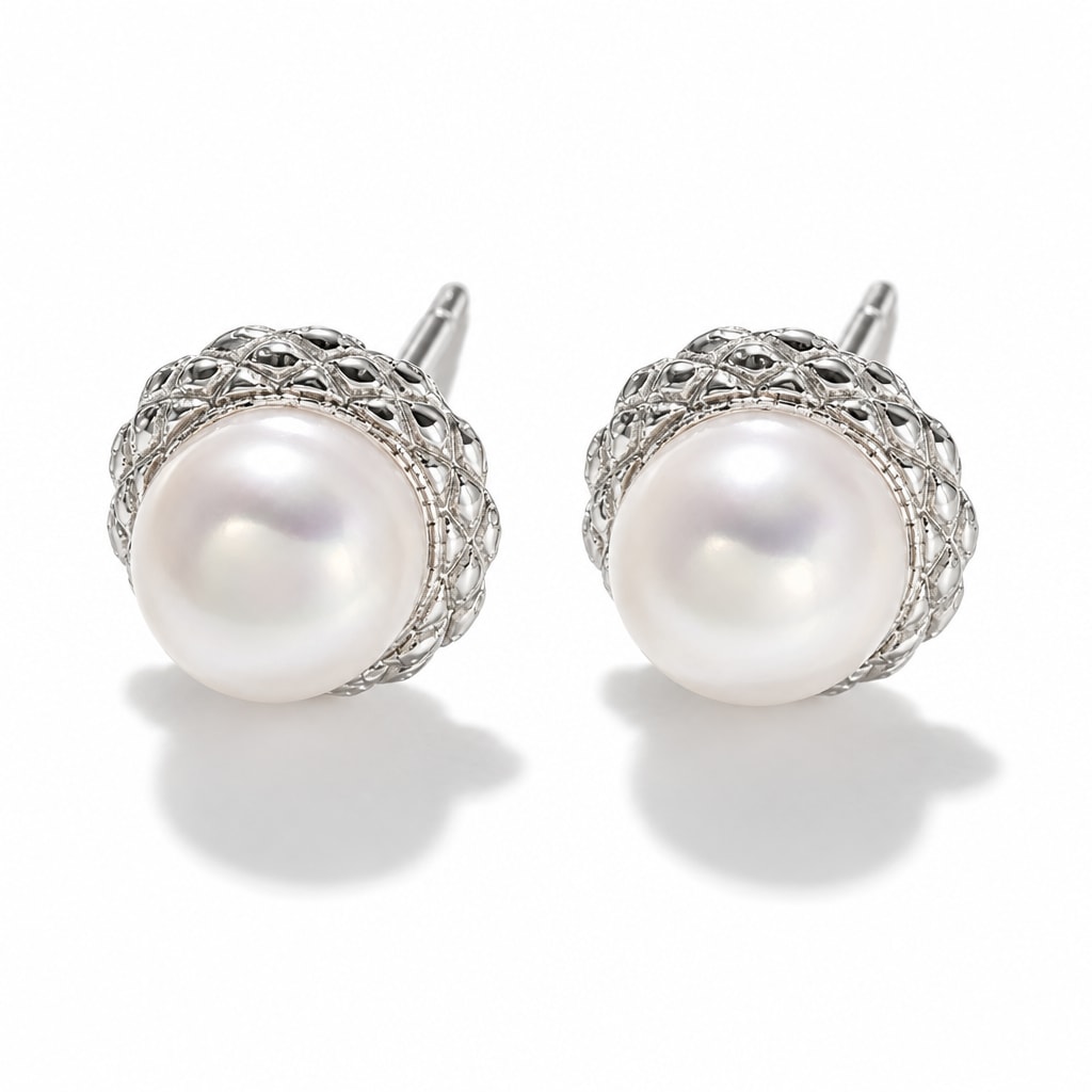 Pauline pearl earrings, 7-8mm white button pearls in honeycomb-textured bezels - second finish