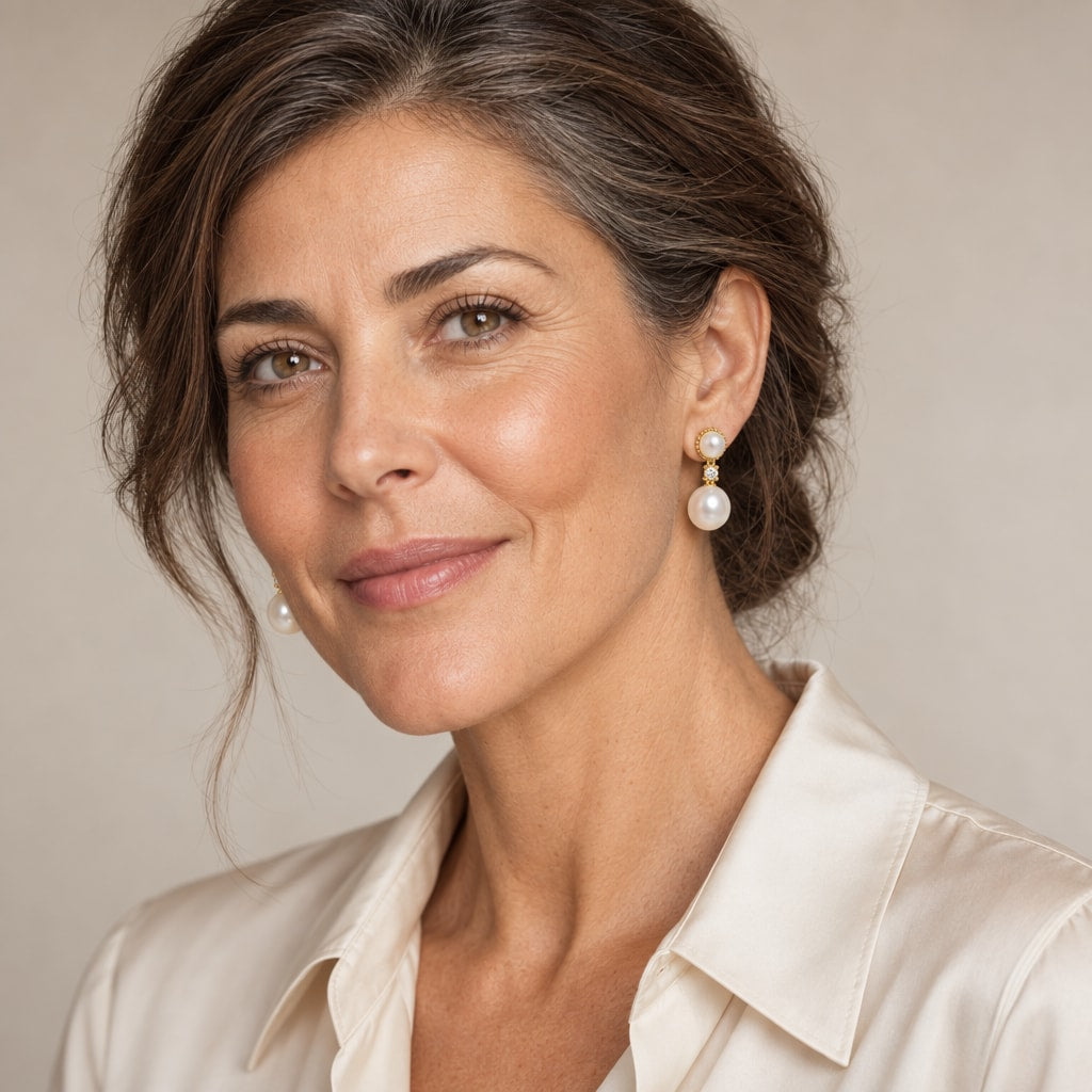 Woman in her fifties wearing the Perrine two-pearl drop earrings, hair half up