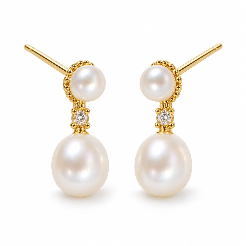 Perrine pearl earrings, 3-4mm button pearls in beaded caps with 7-8mm rice pearls below