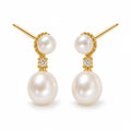 Perrine pearl earrings, 3-4mm button pearls in beaded caps with 7-8mm rice pearls below