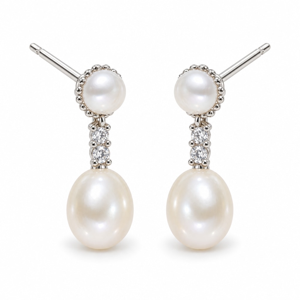 Perrine pearl earrings, 3-4mm button pearls in beaded caps with 7-8mm rice pearls below - second finish