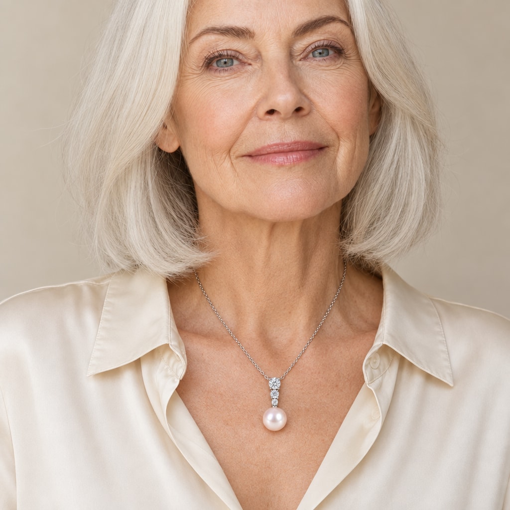 Woman wearing the Phoebe three-stone bar pearl pendant necklace at the sternum with a black crew-neck top
