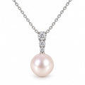 Phoebe three-stone bar freshwater pearl pendant necklace in sterling silver on white background