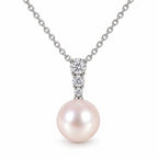 Phoebe three-stone bar freshwater pearl pendant necklace in sterling silver on white background