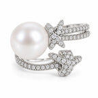 Polly pavé star wrap freshwater pearl ring in sterling silver on white background