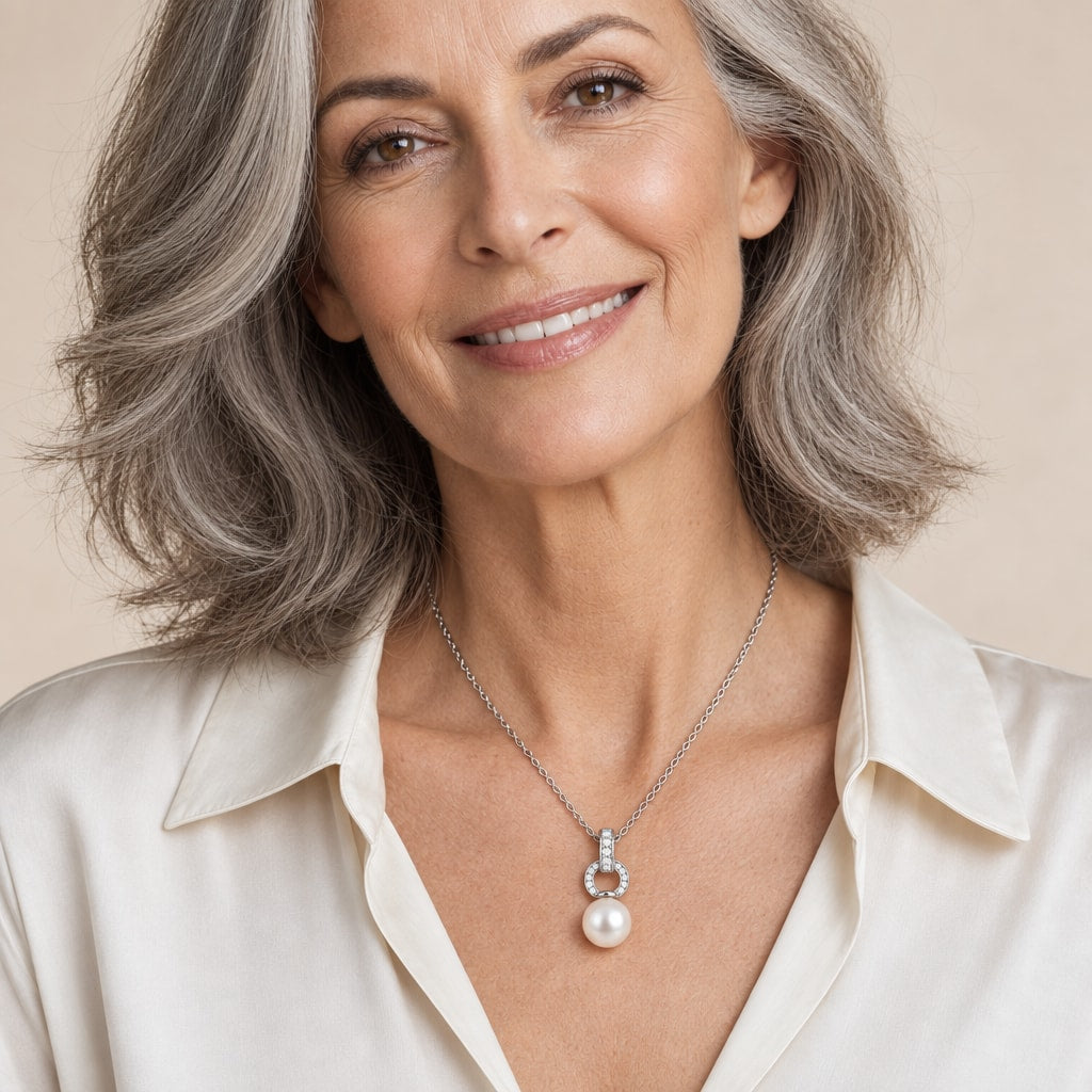 Woman wearing the Priscilla pavé ring pearl pendant necklace at the sternum with a black crew-neck top