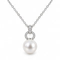 Priscilla pavé ring link freshwater pearl pendant necklace in sterling silver on white background