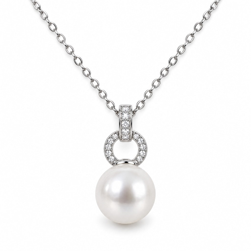 Priscilla pavé ring link freshwater pearl pendant necklace in sterling silver on white background