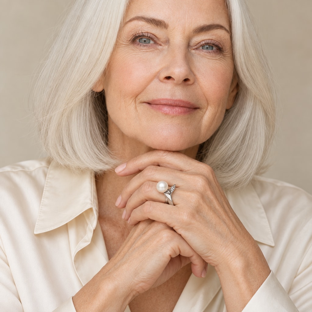 Close-up of a model's hand wearing the Rachel pavé leaf pearl ring in sterling silver