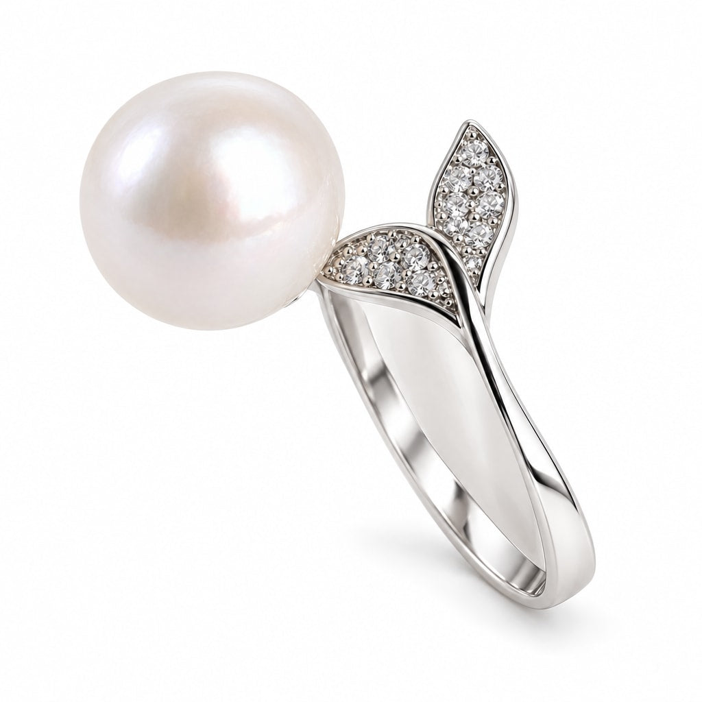 Rachel pavé leaf freshwater pearl ring in sterling silver on white background