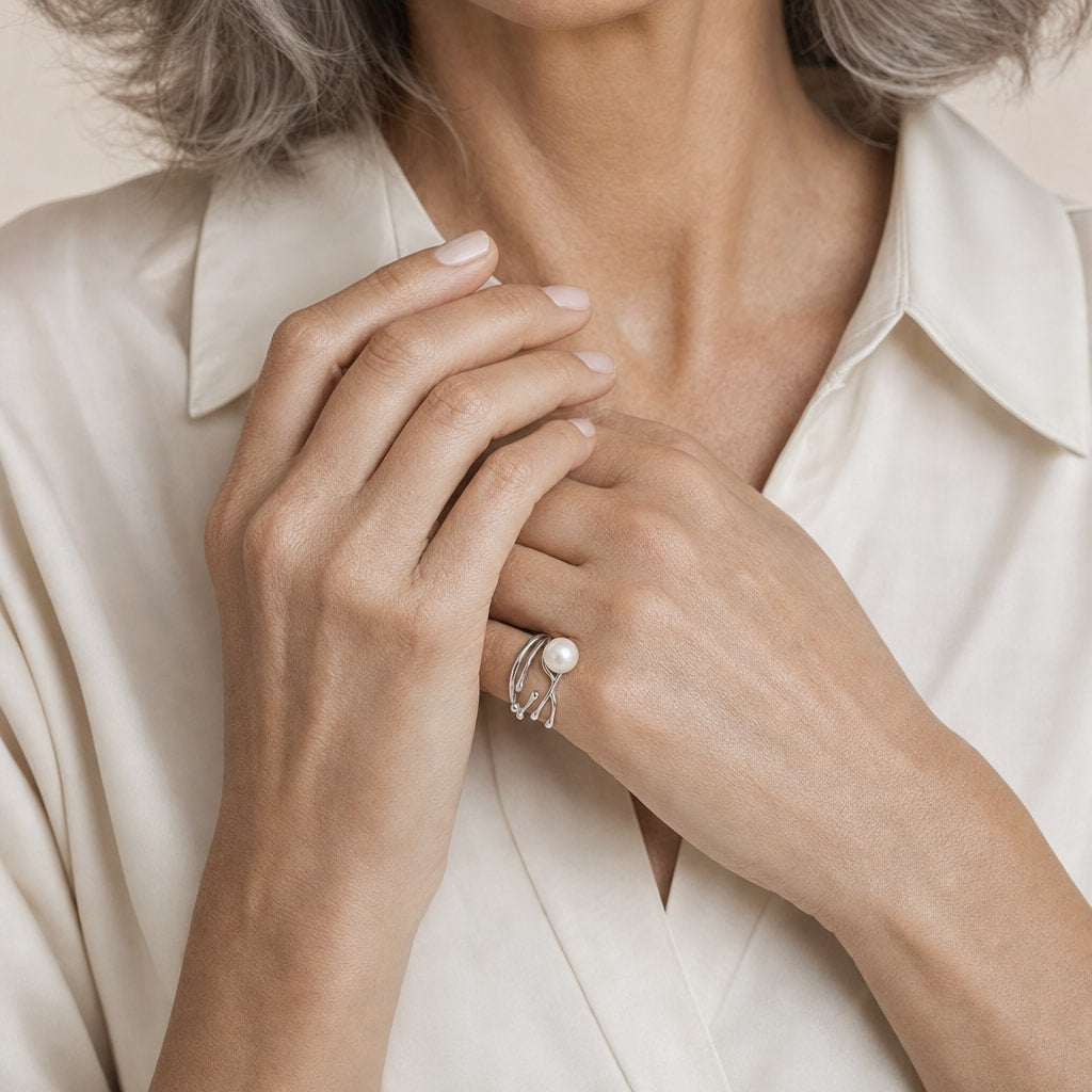 Close-up of a model's hand wearing the Rebecca branch pearl ring in sterling silver