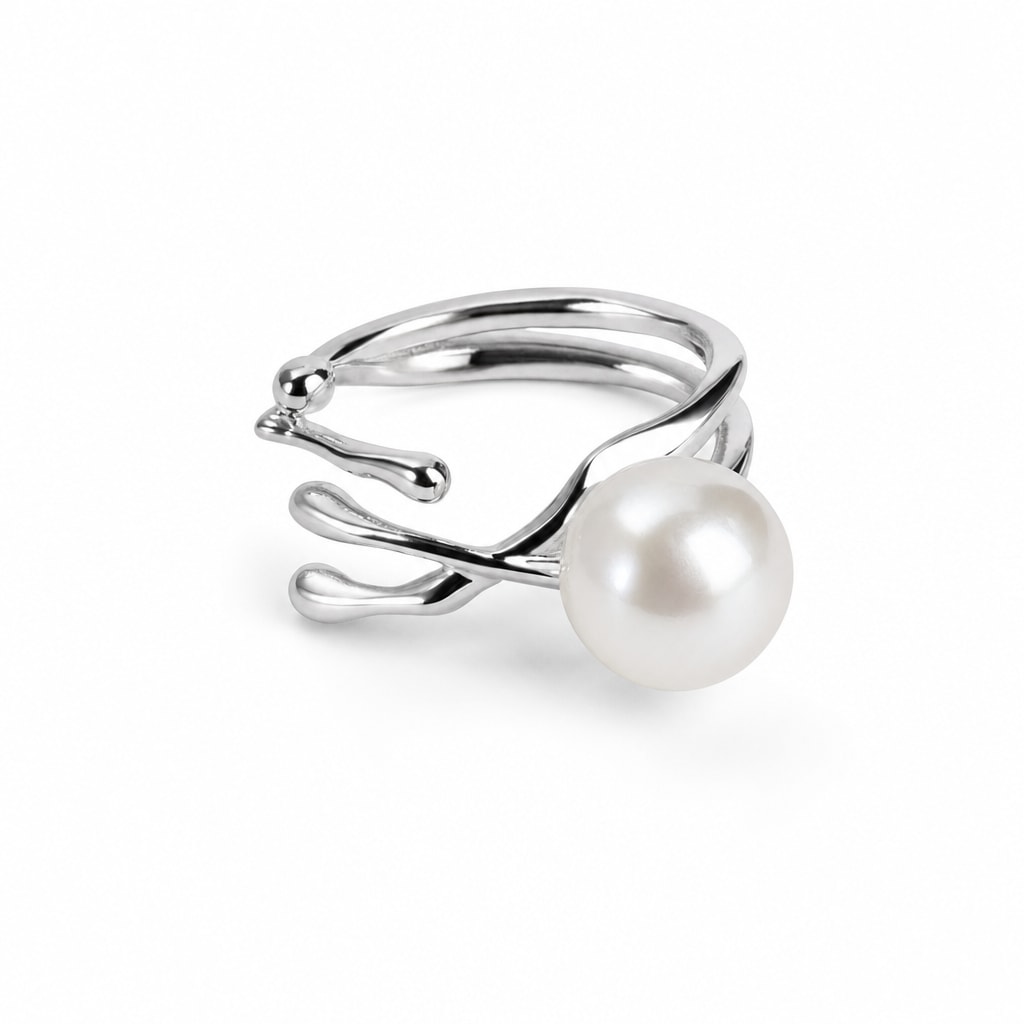 Rebecca branch open freshwater pearl ring in sterling silver on white background