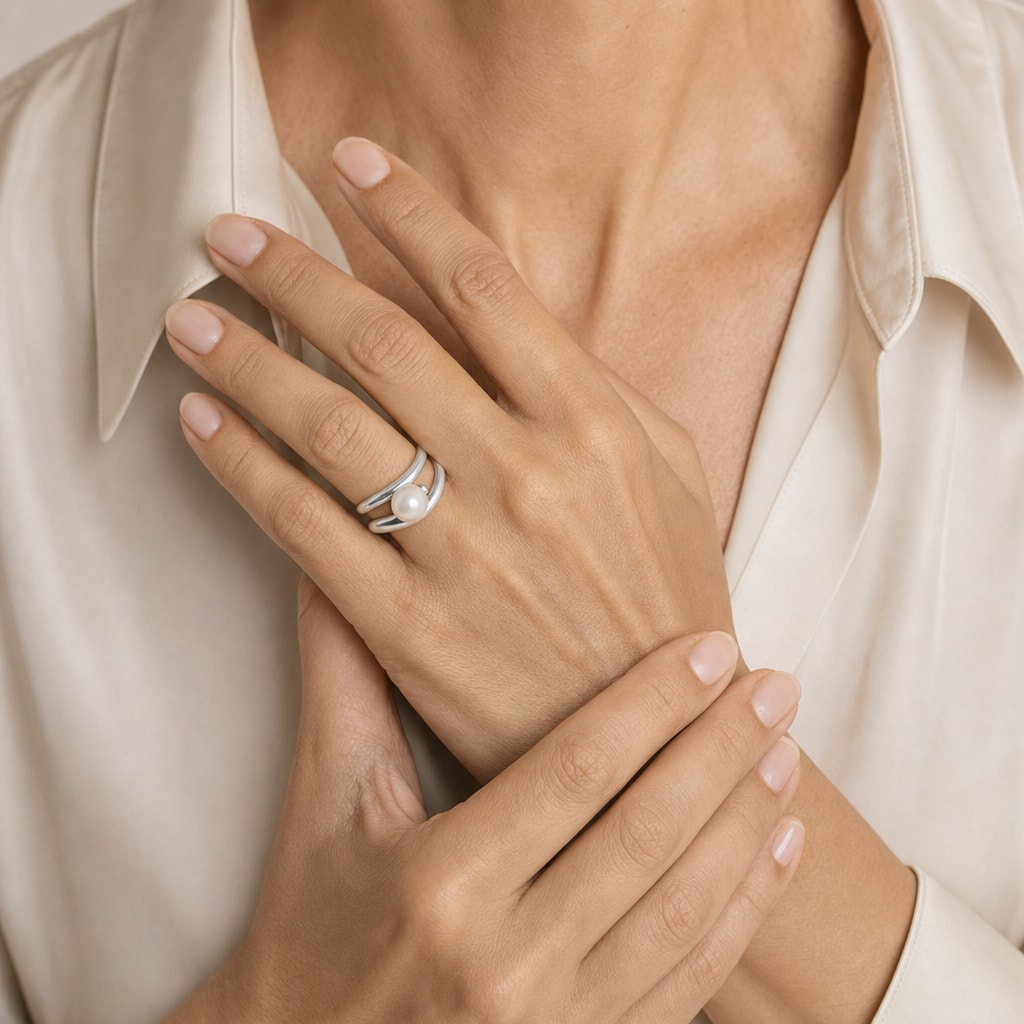Close-up of a model's hand wearing the Rhiannon polished bypass pearl ring in sterling silver