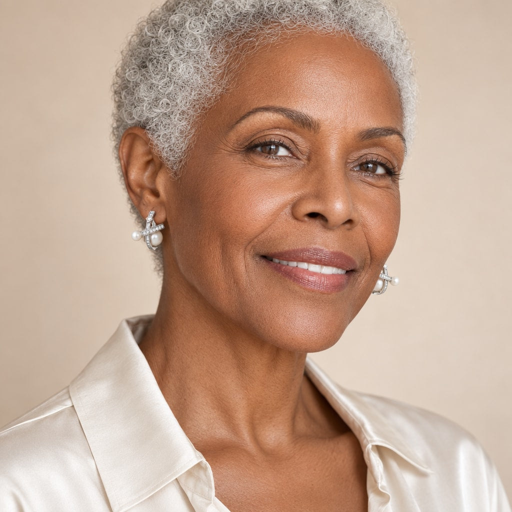 Woman in her fifties wearing the Roos double pearl huggie earrings, hair down