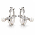 Roos pavé crossbar double pearl huggie earrings, hinged sterling silver hoops with two white freshwater pearls each