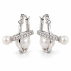 Roos pavé crossbar double pearl huggie earrings, hinged sterling silver hoops with two white freshwater pearls each