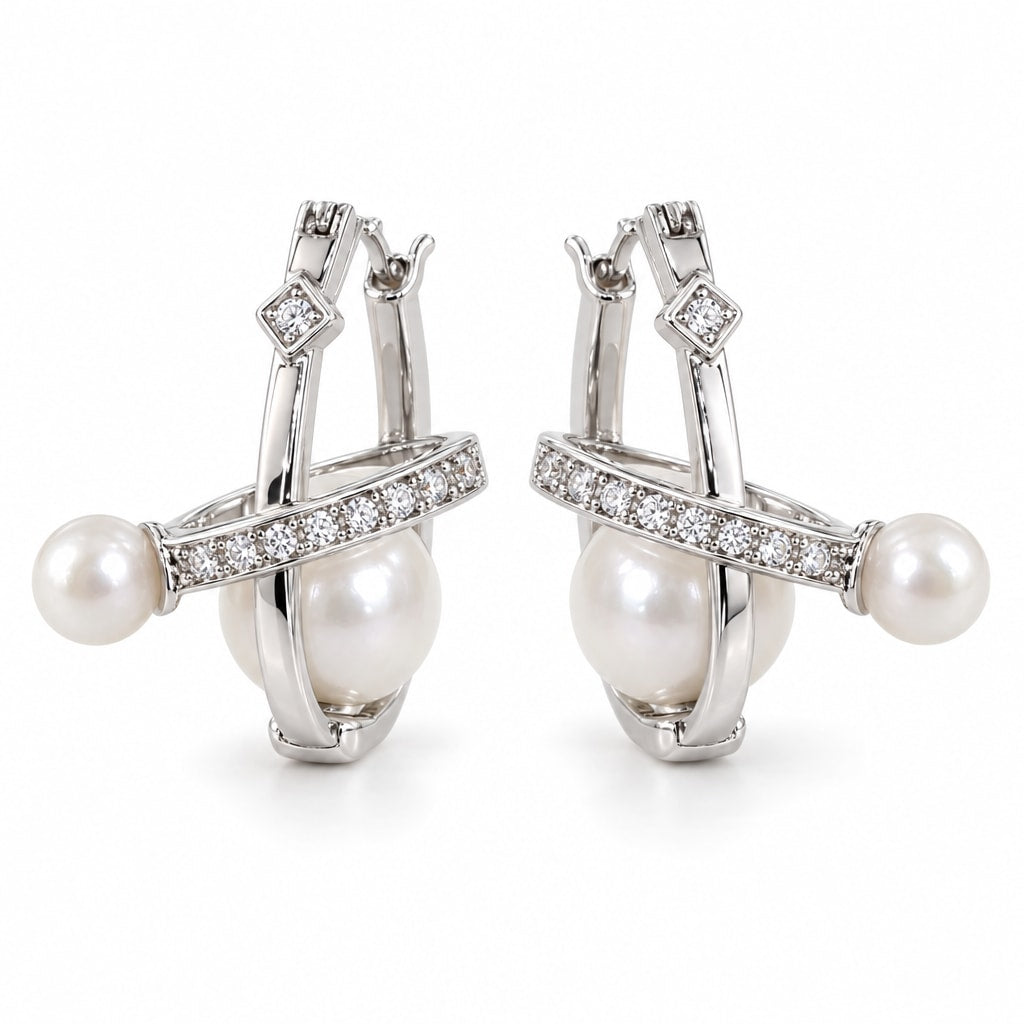 Roos pavé crossbar double pearl huggie earrings, hinged sterling silver hoops with two white freshwater pearls each