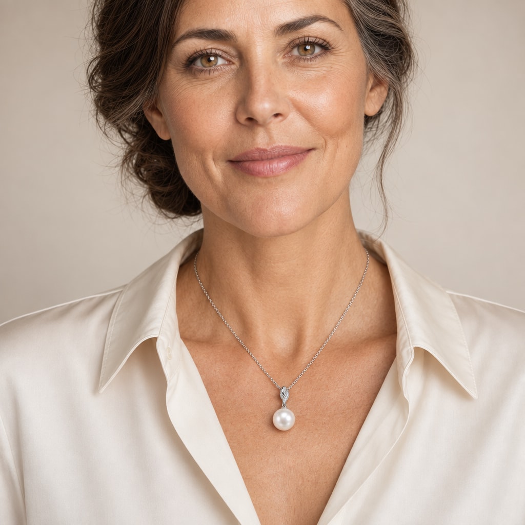 Woman wearing the Rose pavé leaf bail pearl pendant necklace at the sternum with a black crew-neck tee