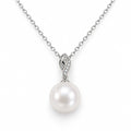 Rose pavé leaf bail freshwater pearl pendant necklace in sterling silver on white background