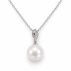 Rose pavé leaf bail freshwater pearl pendant necklace in sterling silver on white background
