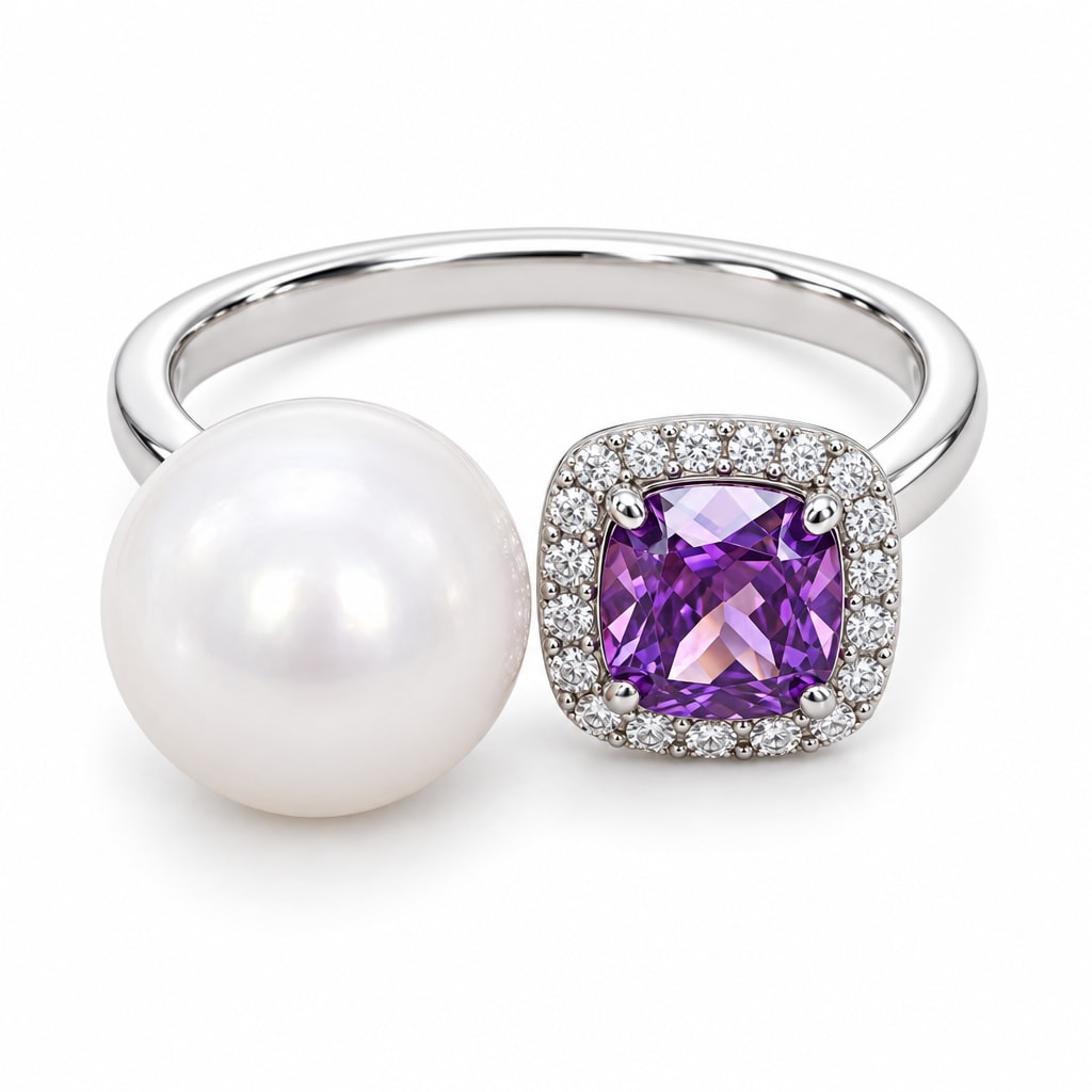 Rosemary purple halo open pearl ring in sterling silver on white background