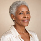 Woman in her forties wearing the Roxane two-pearl bar earrings, hair pulled back