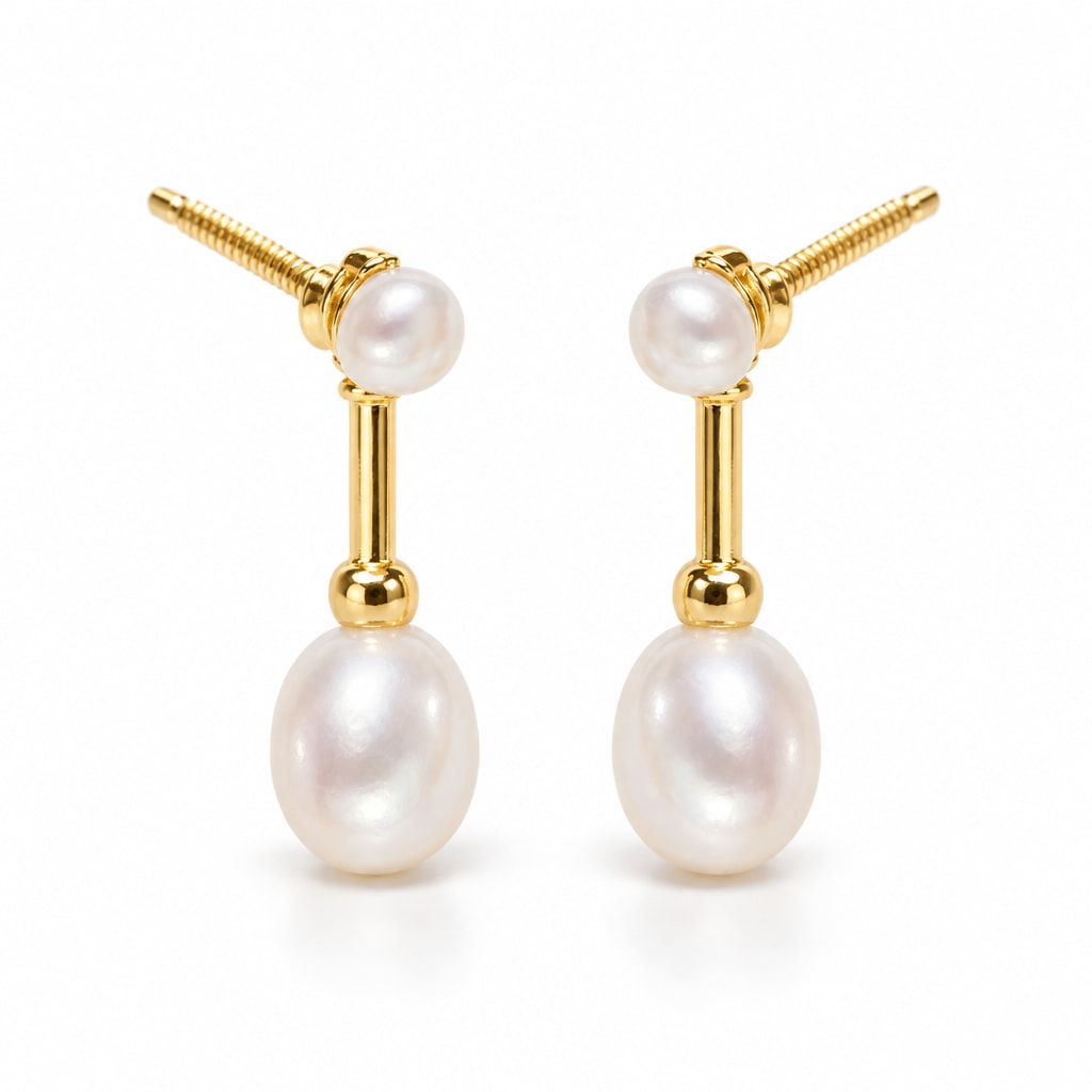 Roxane pearl earrings, 3-4mm button pearls and 7-8mm rice pearls joined by ribbed bars