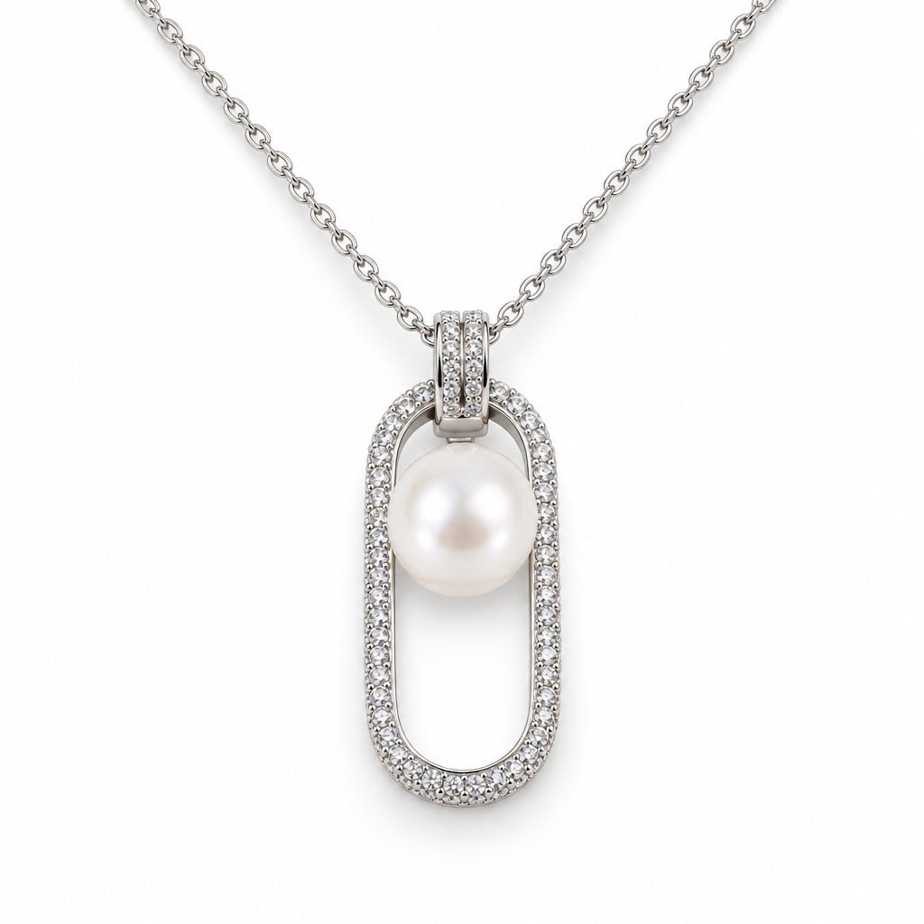 Ruth pavé oblong frame freshwater pearl pendant necklace in sterling silver on white background