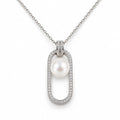 Ruth pavé oblong frame freshwater pearl pendant necklace in sterling silver on white background