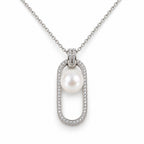 Ruth pavé oblong frame freshwater pearl pendant necklace in sterling silver on white background