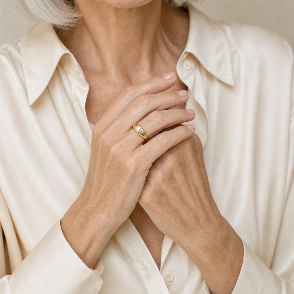 Close-up of a model's hand wearing the Sadie domed band pearl ring in gold