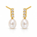 Salome pearl earrings, three-crystal bars with 7-8mm white rice pearls hanging beneath