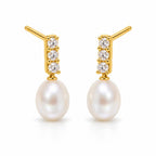 Salome pearl earrings, three-crystal bars with 7-8mm white rice pearls hanging beneath