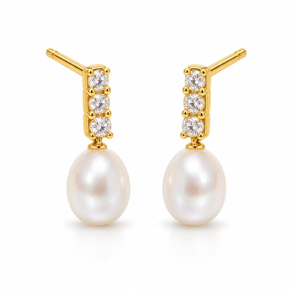 Salome pearl earrings, three-crystal bars with 7-8mm white rice pearls hanging beneath