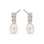 Salome pearl earrings, three-crystal bars with 7-8mm white rice pearls hanging beneath - second finish