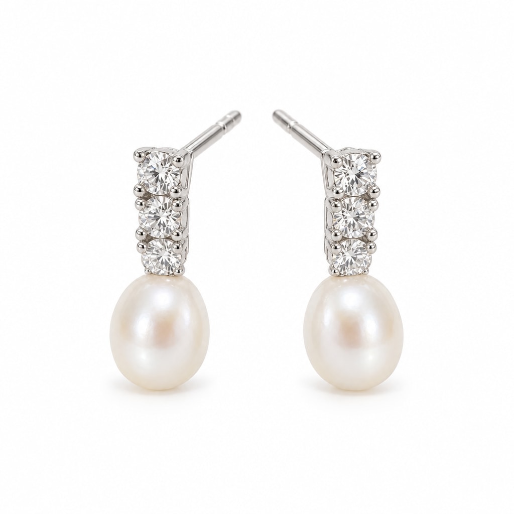 Salome pearl earrings, three-crystal bars with 7-8mm white rice pearls hanging beneath - second finish