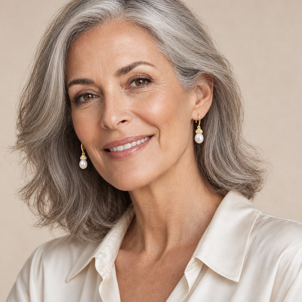 Woman in her sixties wearing the Sandrine crown cap pearl drop earrings, hair down