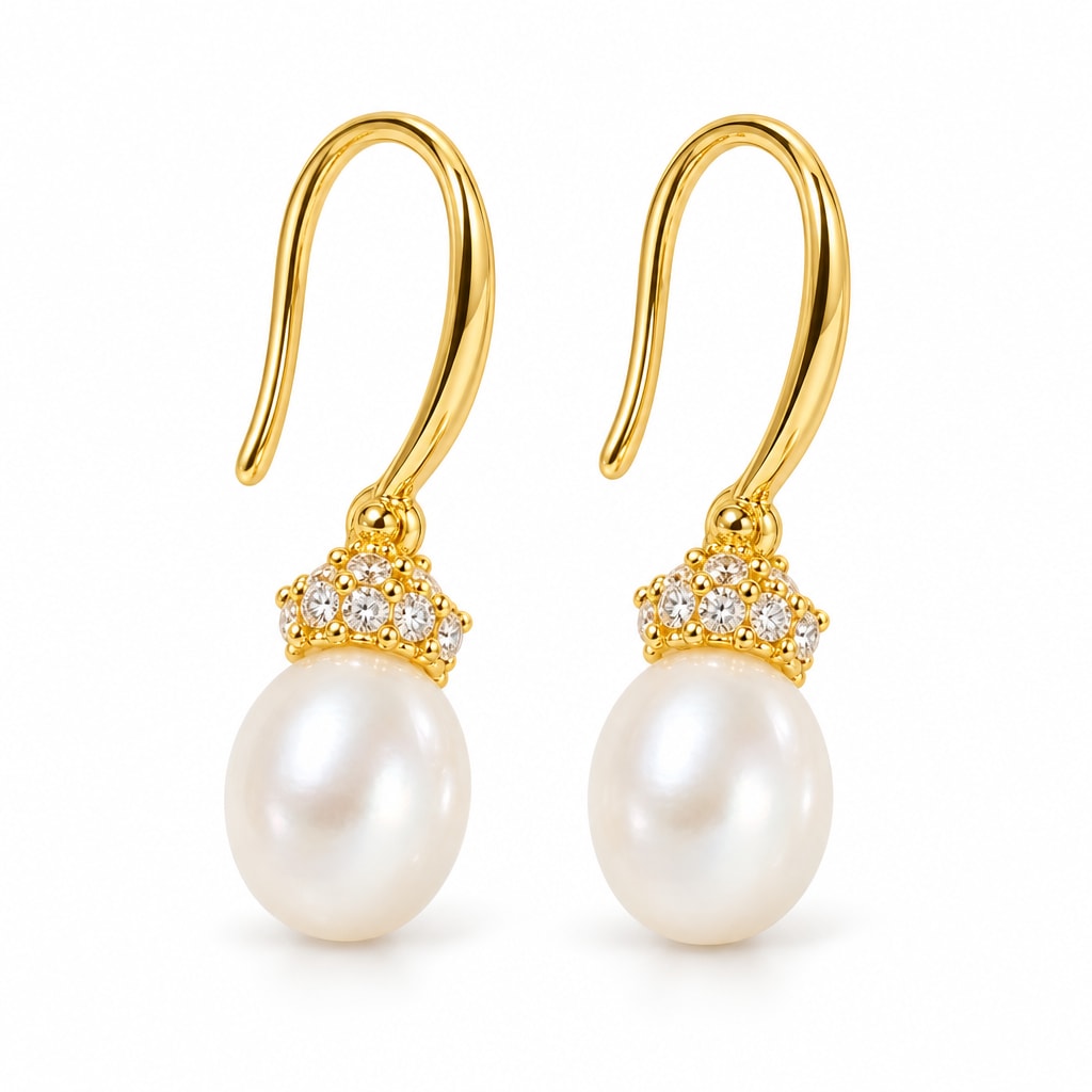 Sandrine pearl earrings, 7-8mm white rice pearls with pavé crown caps on shepherd's hooks