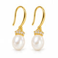 Sandrine pearl earrings, 7-8mm white rice pearls with pavé crown caps on shepherd's hooks
