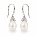 Sandrine pearl earrings, 7-8mm white rice pearls with pavé crown caps on shepherd's hooks - second finish