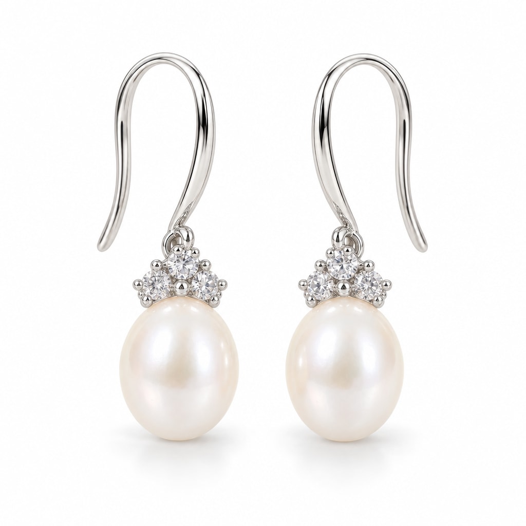 Sandrine pearl earrings, 7-8mm white rice pearls with pavé crown caps on shepherd's hooks - second finish