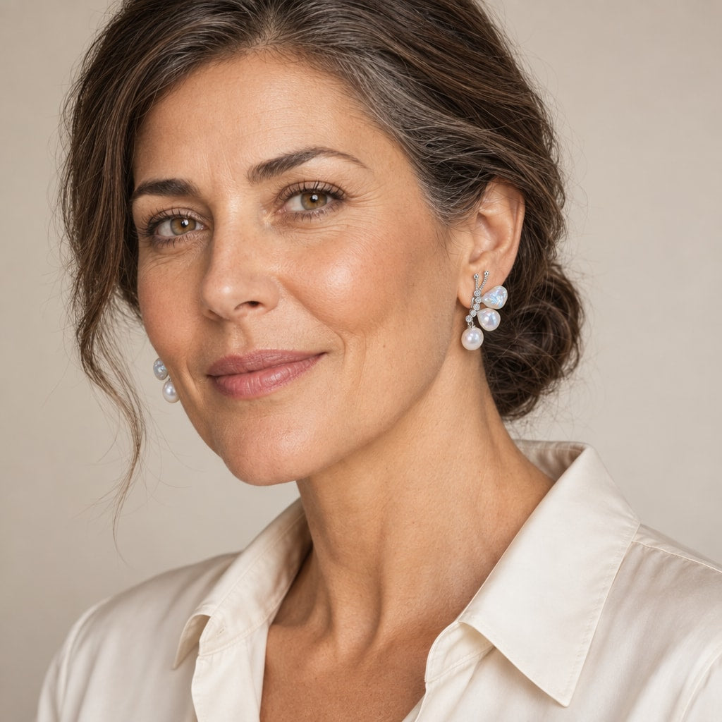 Woman in her forties wearing the Sanne baroque pearl butterfly earrings, hair pinned up