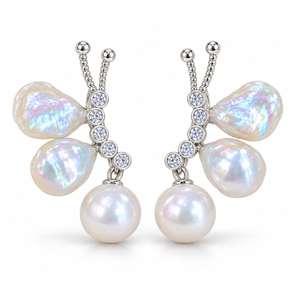 Sanne baroque pearl butterfly earrings, silver-finish crystal bodies with baroque pearl wings and round pearl drops