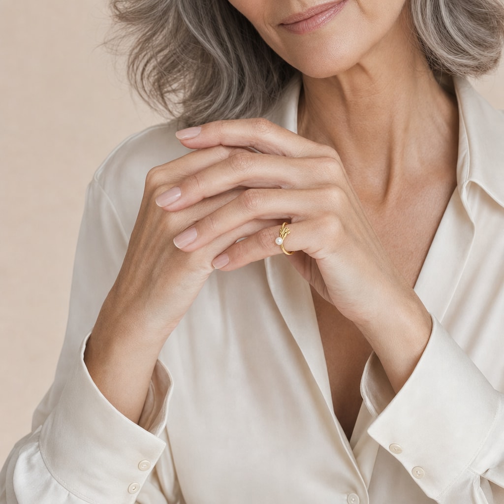 Close-up of a model's hand wearing the Sarah leaf sprout pearl ring in gold