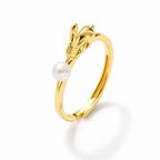 Sarah leaf sprout pearl ring in gold-plated sterling silver on white background
