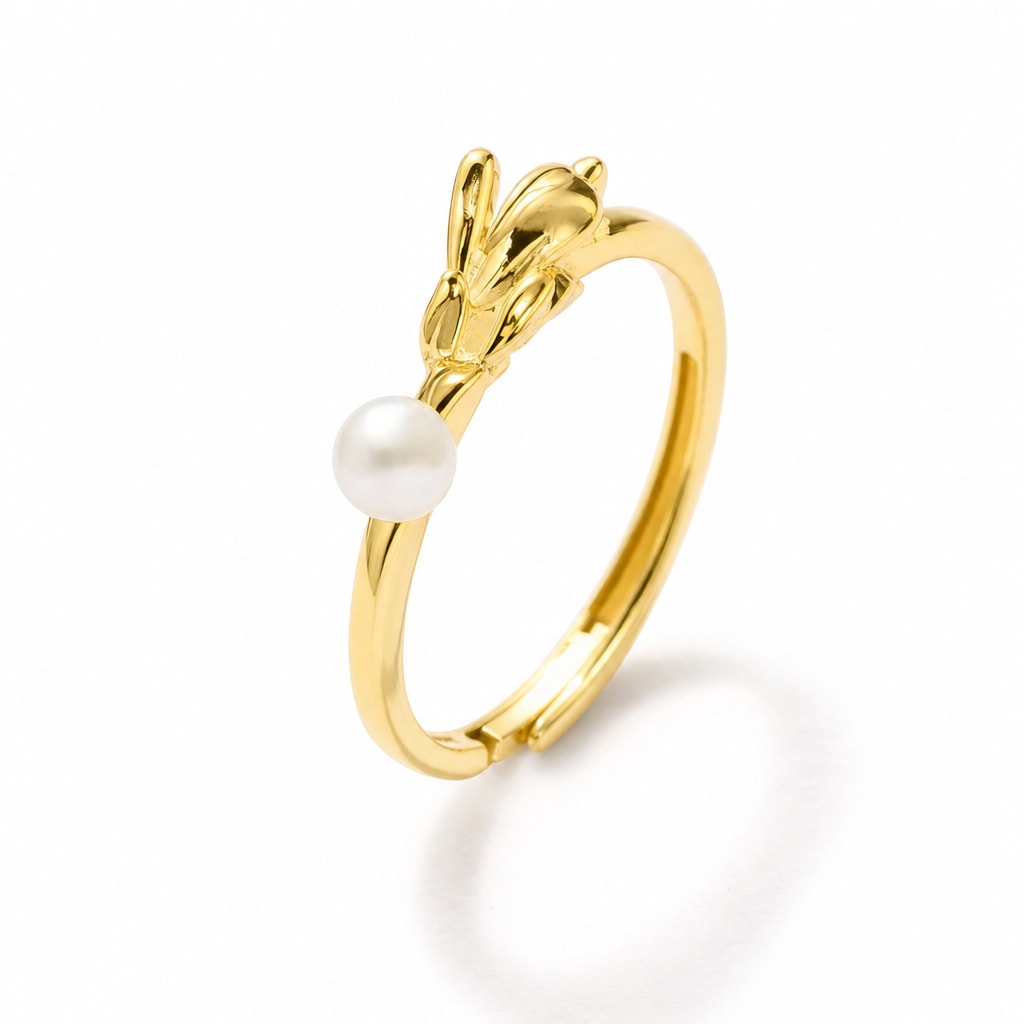 Sarah leaf sprout pearl ring in gold-plated sterling silver on white background